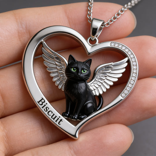 Collier Cœur avec Ailes d'Ange de Chat Noir, Bijou Mémorial Personnalisé pour Amateurs de Chats