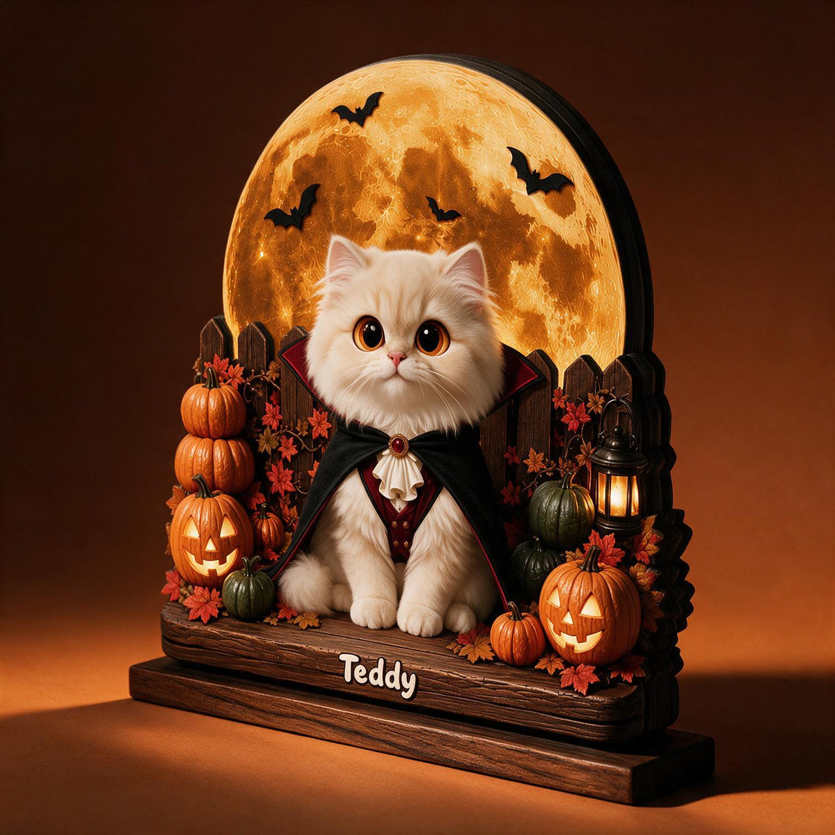 Personalisierte 2-Layer Holz Halloween-Plakette - Gruselige Vampir-Katze mit Kürbissen, individuelles Geschenk für Katzenliebhaber