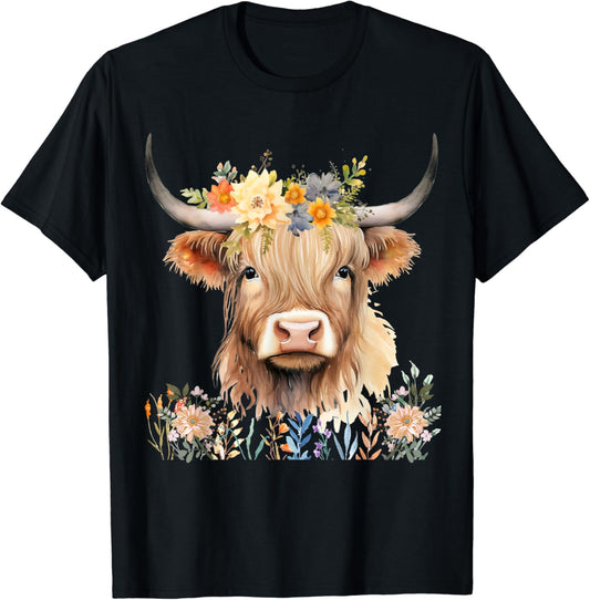 T-shirt et sweat à capuche « Vache des Highlands mignonne avec des fleurs » 0624