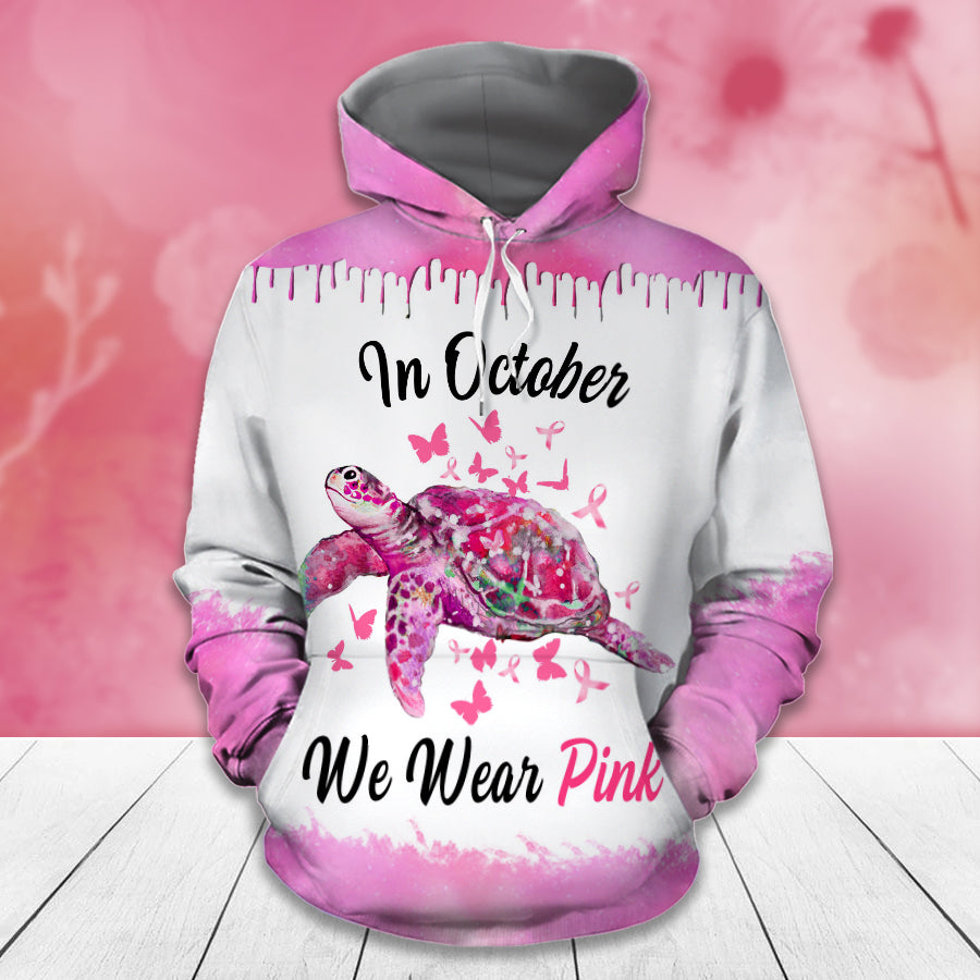 T-shirt et sweat à capuche « Tortue marine en octobre, on porte du rose » - Sensibilisation au cancer du sein (0822)