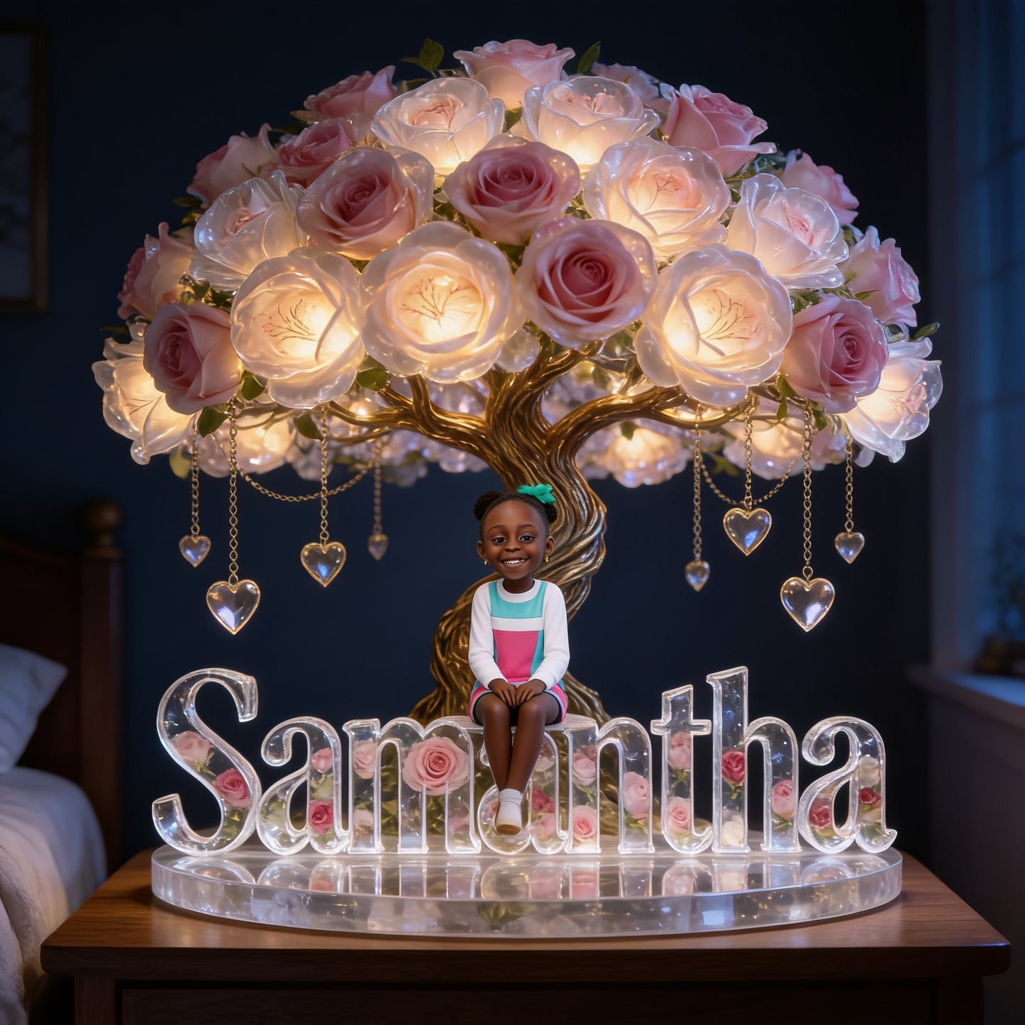 Personalisierbares LED-Nachtlicht aus Acryl für Kinder – Foto und Geburtsmonatsblume nach Wunsch.