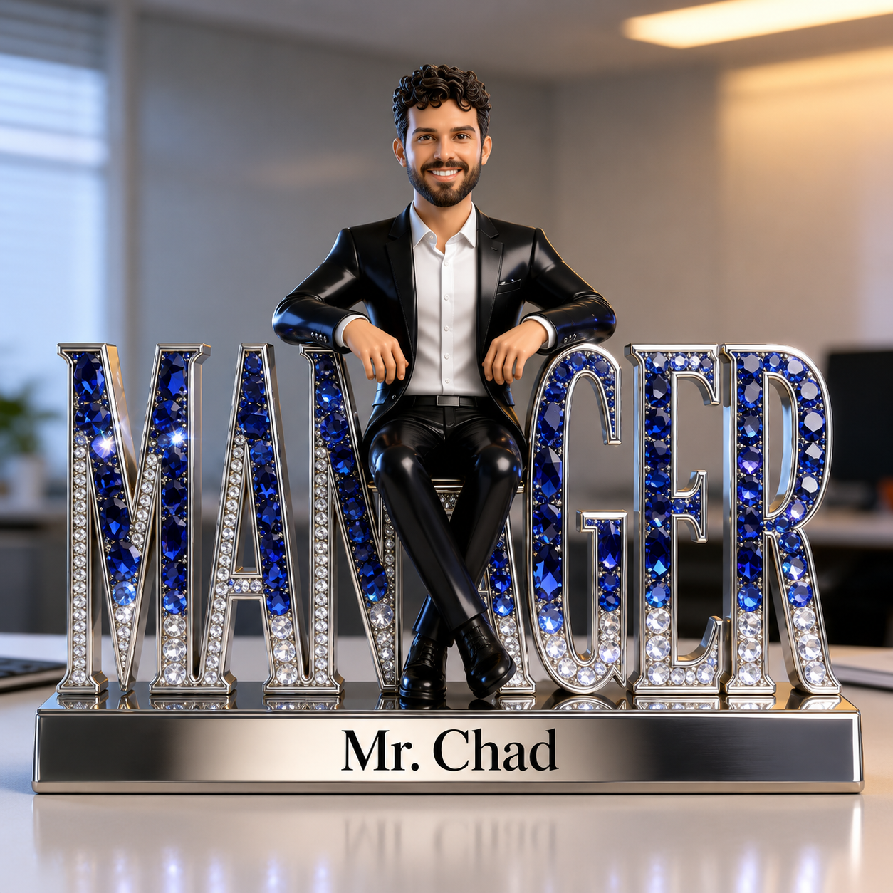 Custom Latin Male Manager Desk Nameplate Plaque - Personalized Latino Boss Figurine, Blue Sapphire Office Decor Gift