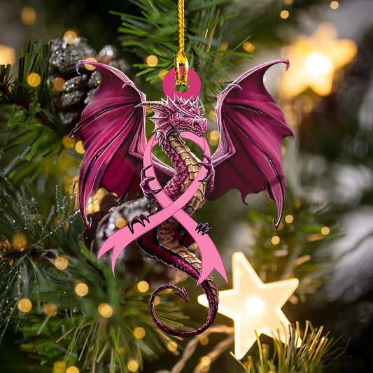 Ruban rose dragon contre le cancer du sein - Ornement dragon (Imprimé des deux côtés)