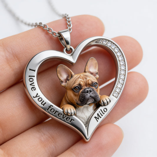 Custom Any Photo French Bulldog Dog Heart Pendant Necklace – Personalized Frenchie Pet Memorial Jewelry Gift for Dog Lovers