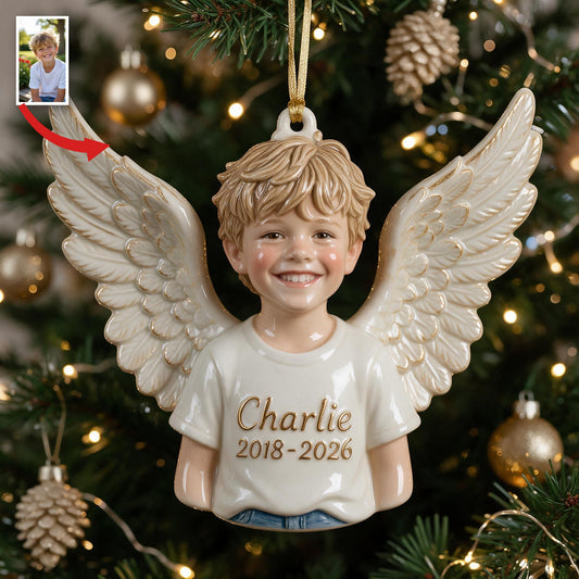 Ornement Mémorial 3D Ange Petit Garçon de Noël Personnalisé