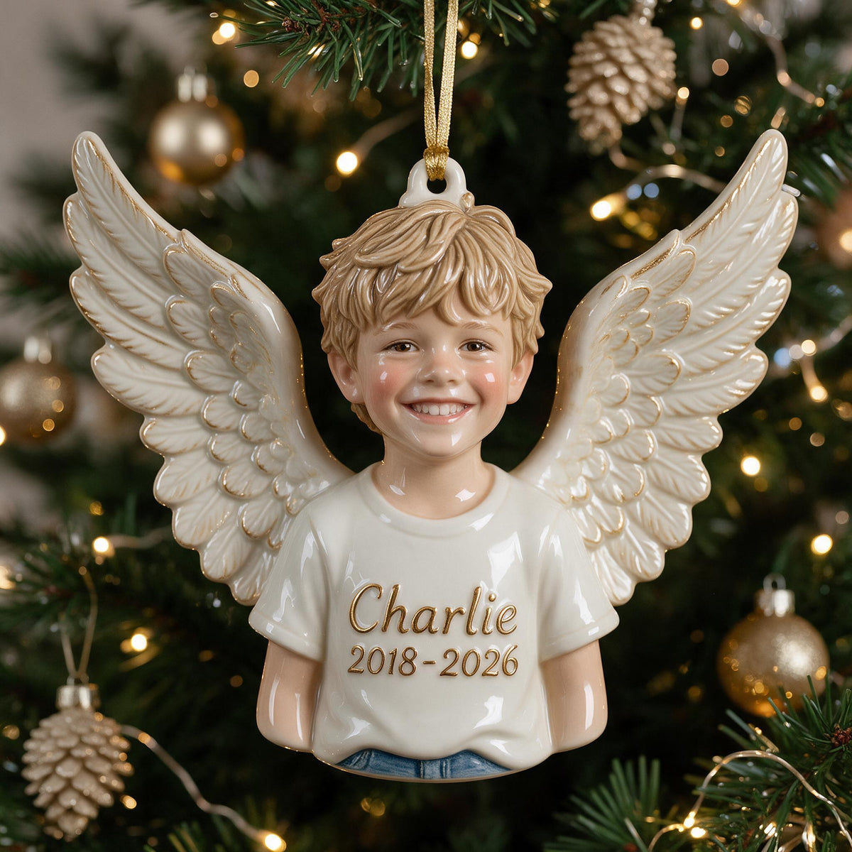 Ornement Mémorial 3D Ange Petit Garçon de Noël Personnalisé