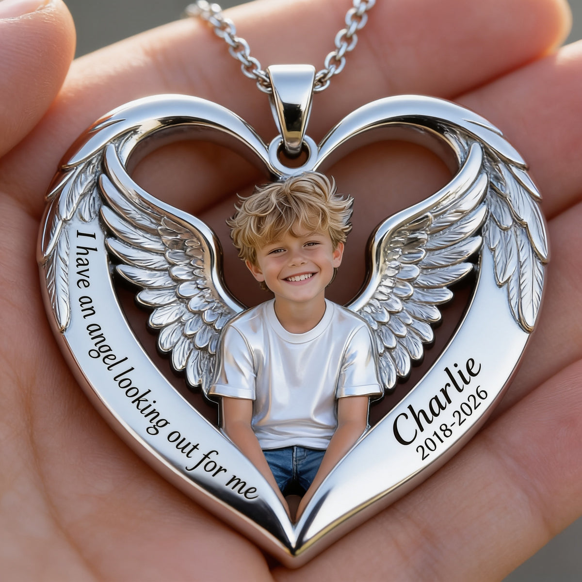 Personalized Little Boy Memorial Angel Wing Heart Pendant Necklace