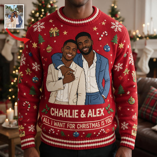 Personalized Christmas Black Gay Couple Ugly Sweater LGBT Anniversary Gift