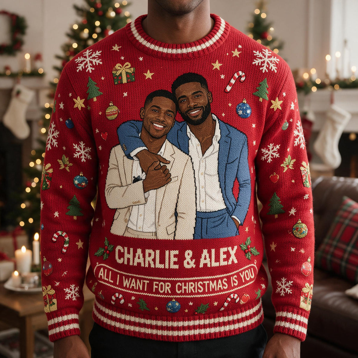 Personalized Christmas Black Gay Couple Ugly Sweater LGBT Anniversary Gift