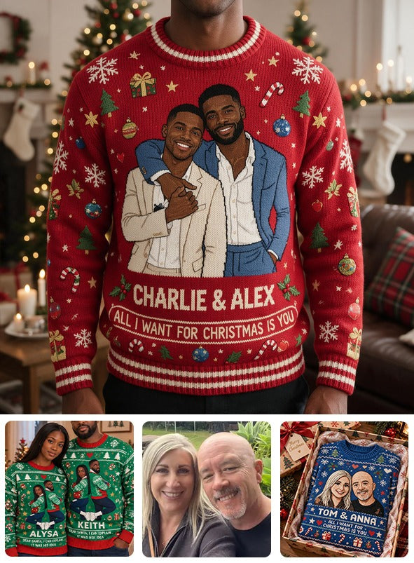 Personalized Christmas Black Gay Couple Ugly Sweater LGBT Anniversary Gift