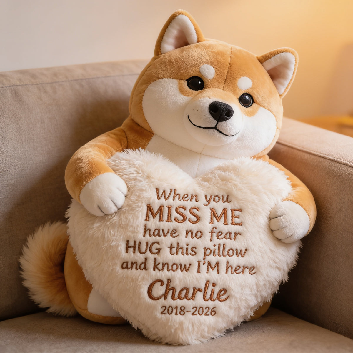 Personalized Tan White Adult Shiba Inu Memorial Faux Fur Shaped Pillow Pet Loss Gift