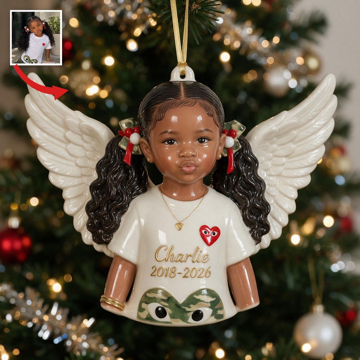 Ornement Mémorial Personnalisé Noël Petite Fille Ange Noir 3D en Résine