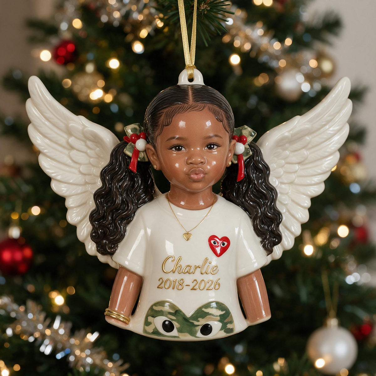 Ornement Mémorial Personnalisé Noël Petite Fille Ange Noir 3D en Résine