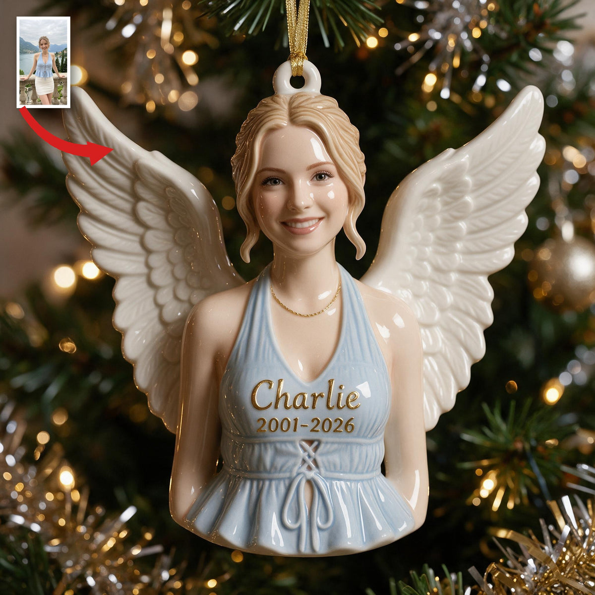 Ornement Mémorial 3D Ange Femme de Noël Personnalisé