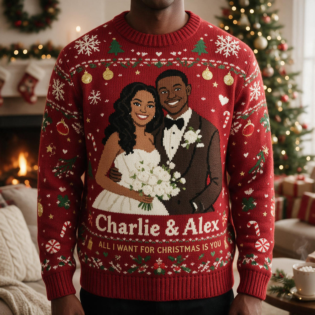 Personalisierter 10. Hochzeitstag 2016 Schwarzes Paar Weihnachts Ugly Sweater
