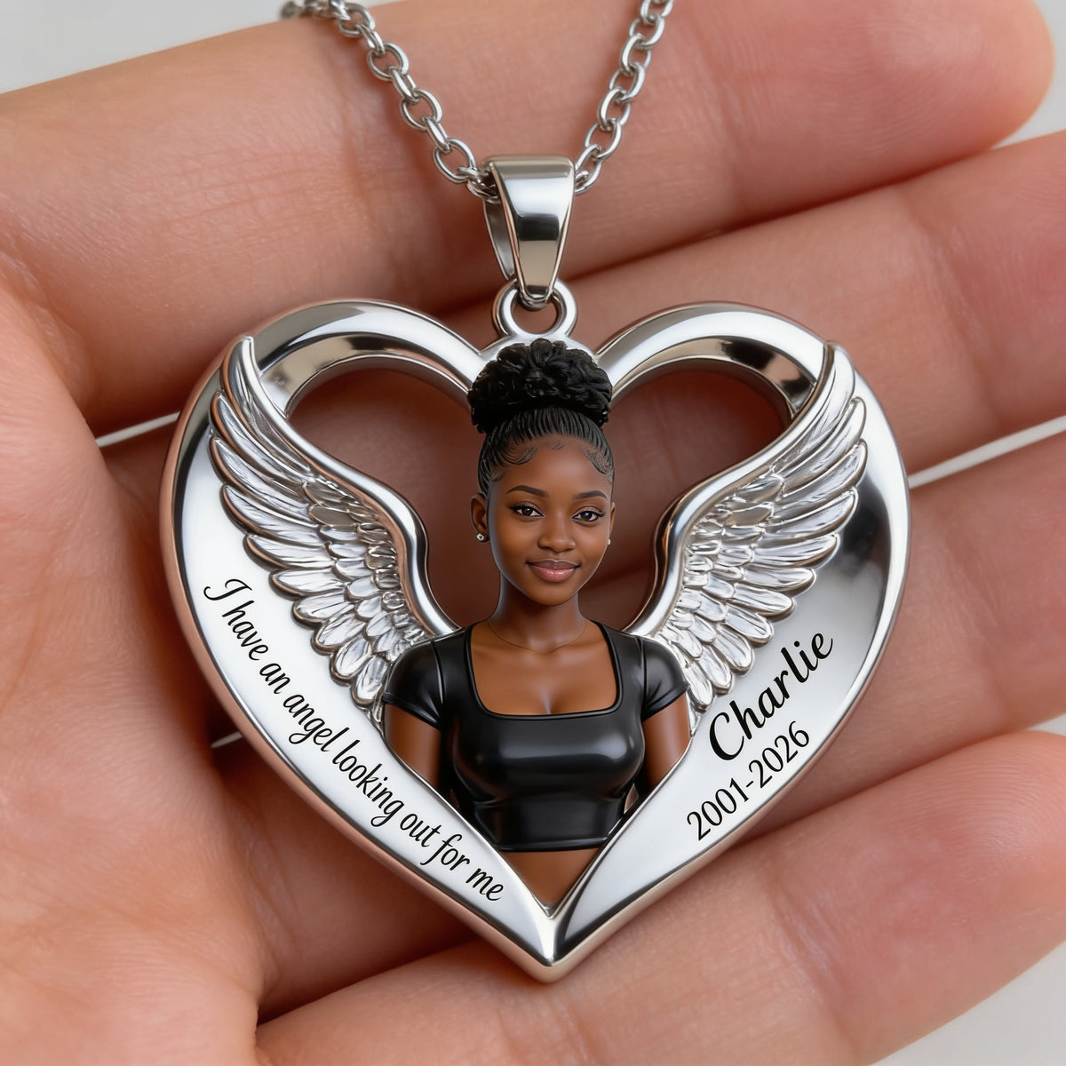 Personalized Memorial Black Woman Angel Wing Heart Pendant Necklace