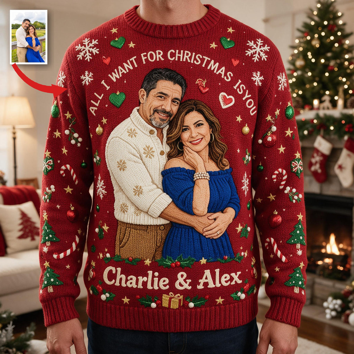 Personalisierter Weihnachts-Pullover zum 30. Jubiläum 1996 für ein mittelalterliches Latino-Paar