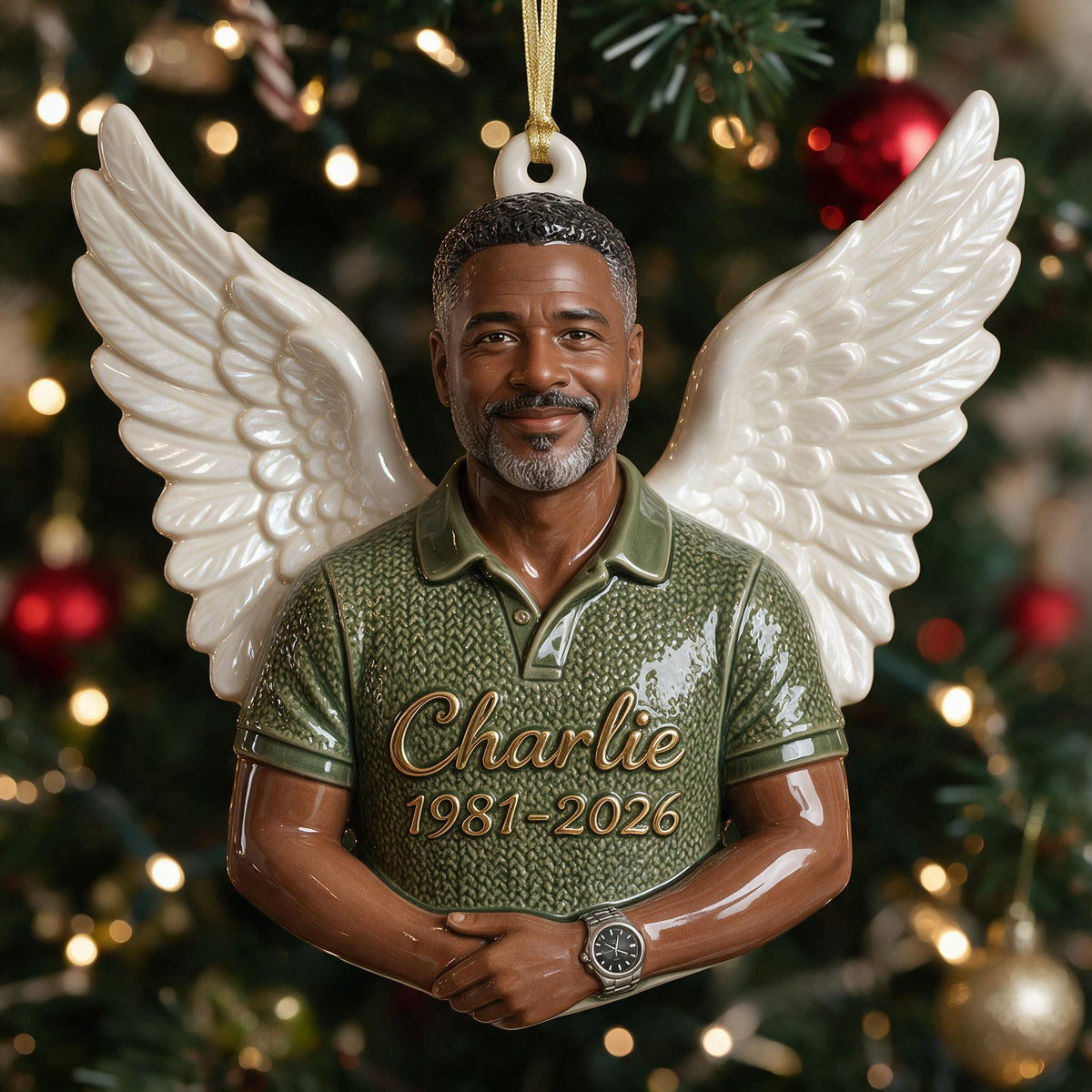 Ornement 3D Mémorial Personnalisé pour Noël - Homme Noir d'Âge Moyen