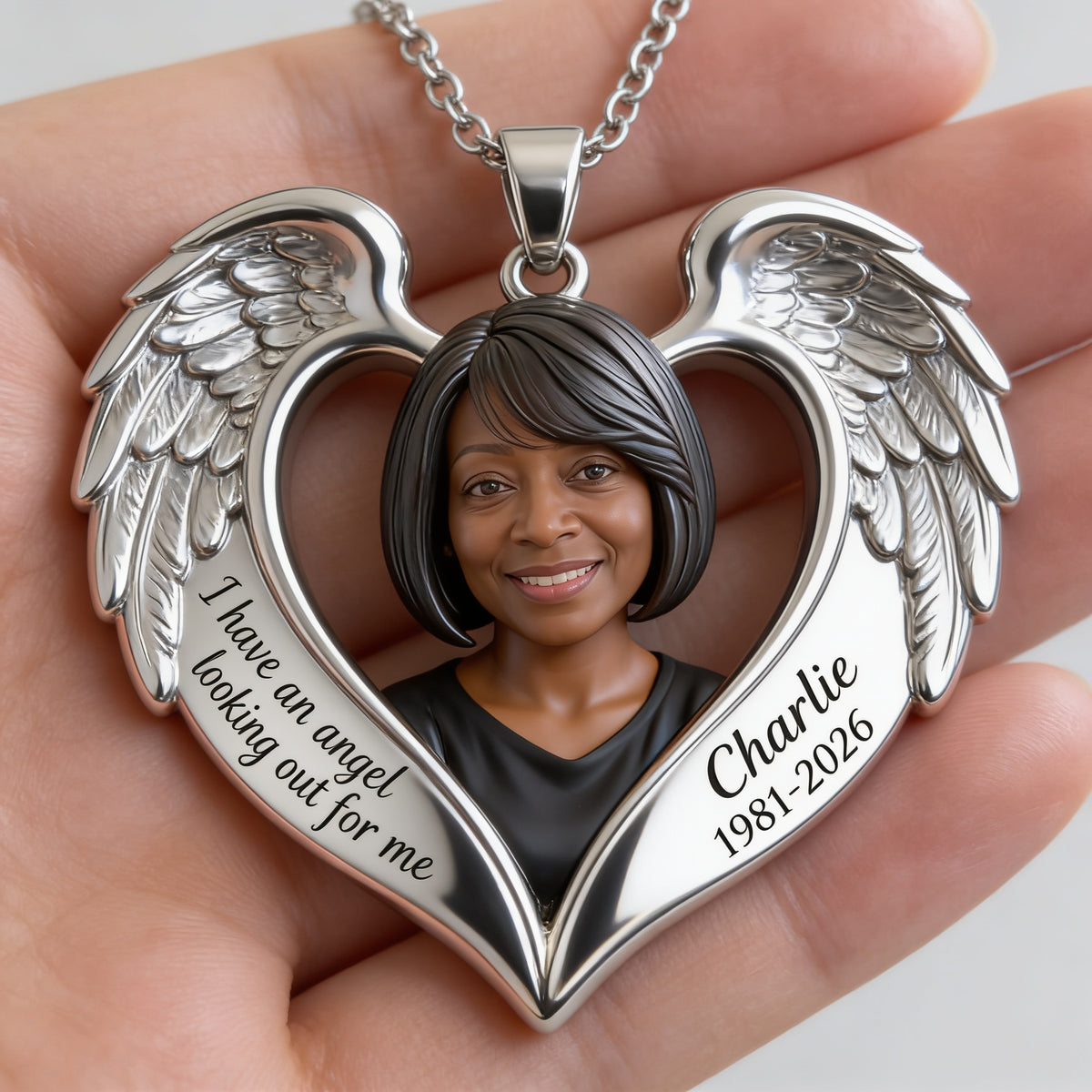 Personalized Middle-Aged Black Woman Memorial Angel Wing Pendant Necklace
