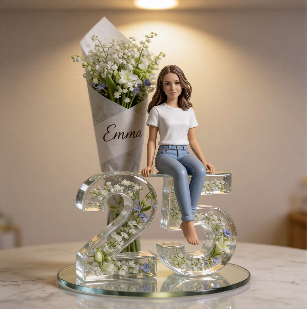 Cadeau pour elle - Bouquet de fleurs et chiffre - Plaque acrylique personnalisée pour son anniversaire