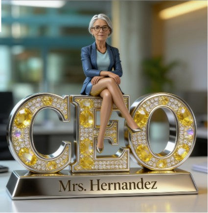 Custom Older Female CEO Desk Nameplate - Personalized Boss Lady Figurine, Executive Office Decor Acrylic Plaque, Retirement Gift