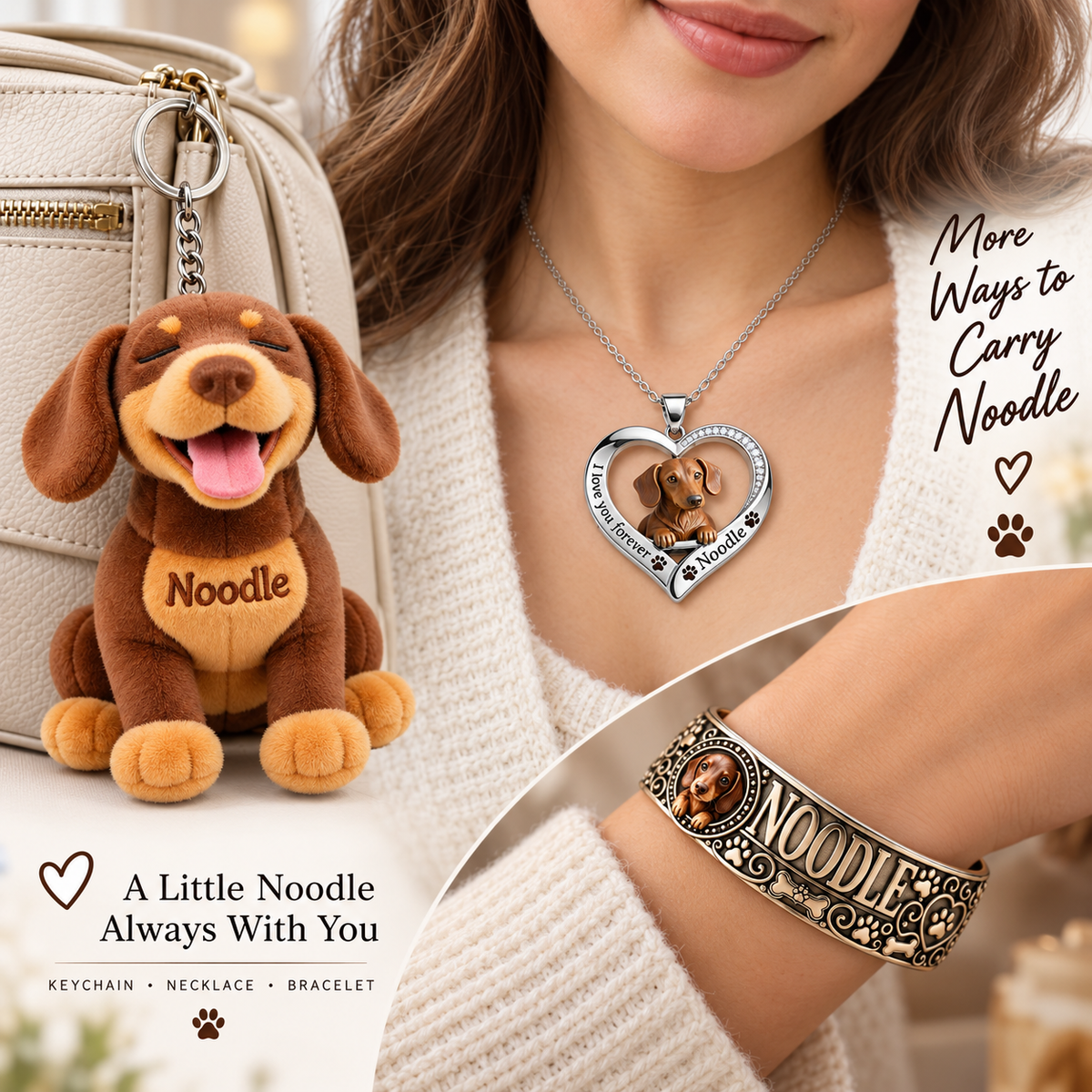 The Crazy About Dogs Gift Set - Personalized Dog Cuff Bracelet & Pendant Necklace & Plush Keychain