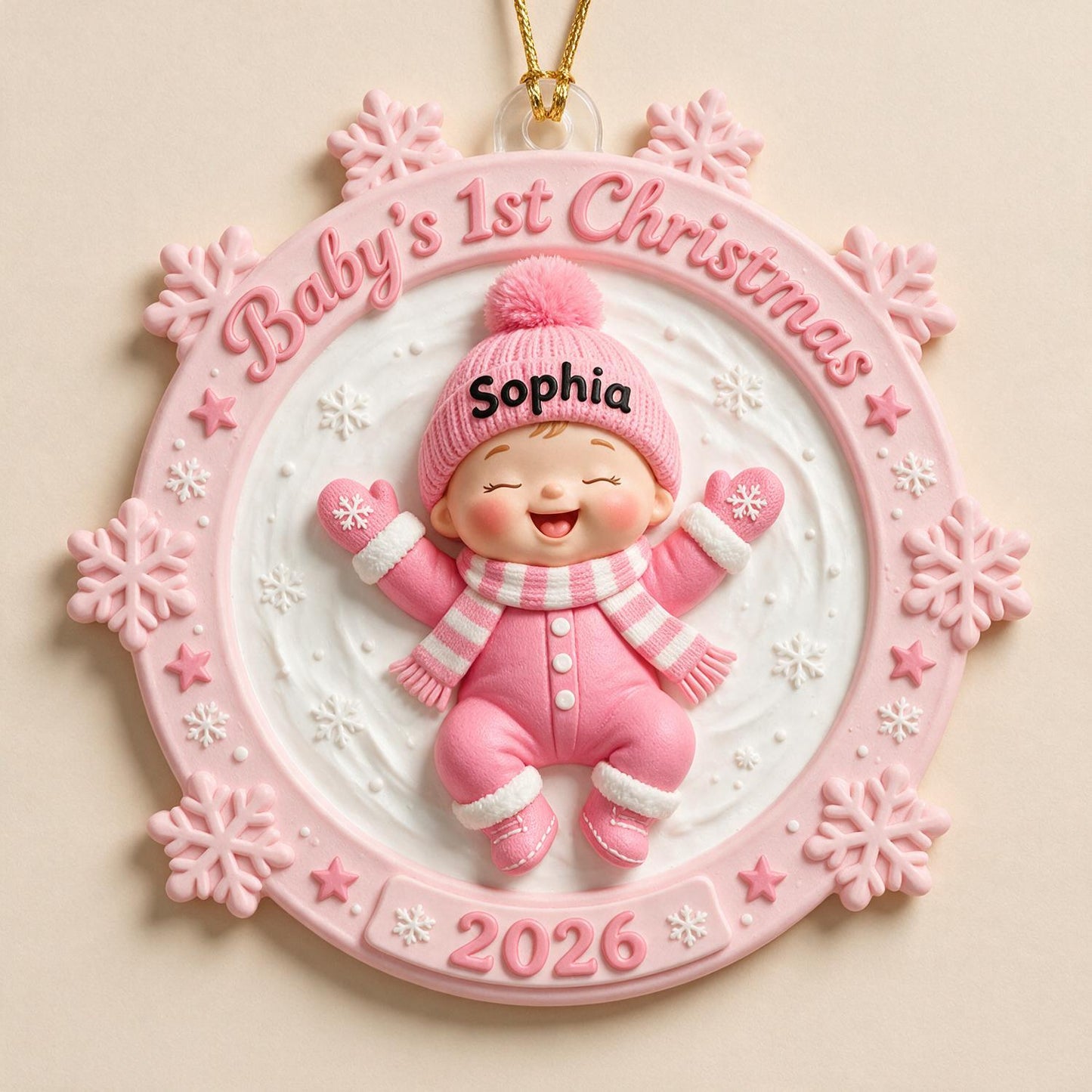Baby's First Christmas Personalized Pink Snow Angel Acrylic Ornament - Custom Name & Year New Parent Gift