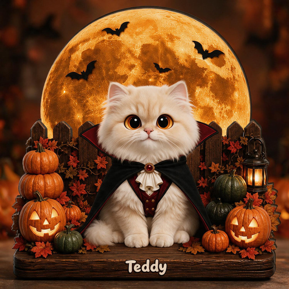 Personalisierte 2-Layer Holz Halloween-Plakette - Gruselige Vampir-Katze mit Kürbissen, individuelles Geschenk für Katzenliebhaber