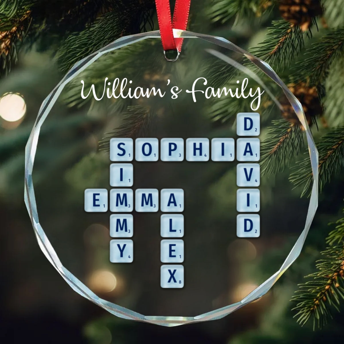 Unsere Familie, Namenspuzzle aus Treibglas – Personalisierter runder Familienschmuck aus Glas