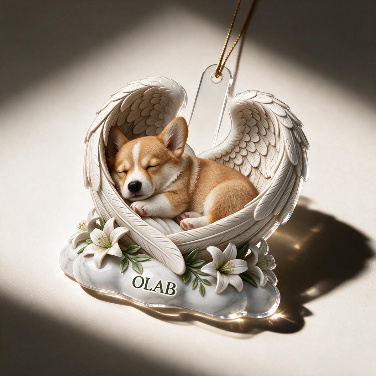 Personalized Sleeping Corgi Angel Wings Acrylic Ornament - Custom Name Pet Memorial Gift for Dog Lovers