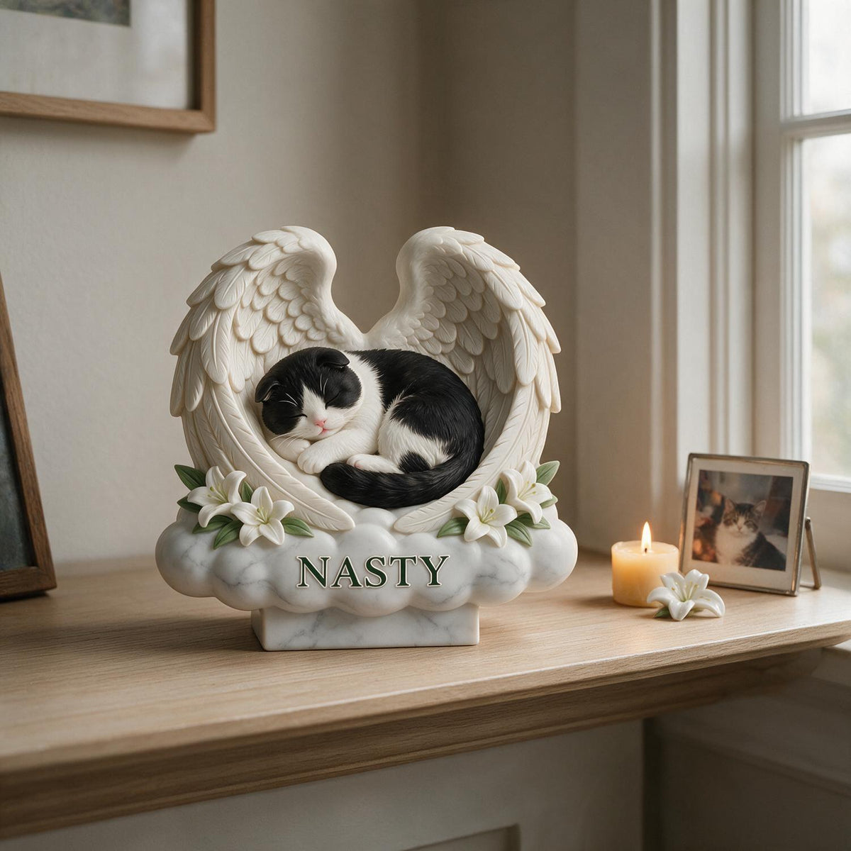 Custom Photo Sleeping Tuxedo Cat Angel Wings Acrylic Block Plaque Pet Memorial Gift