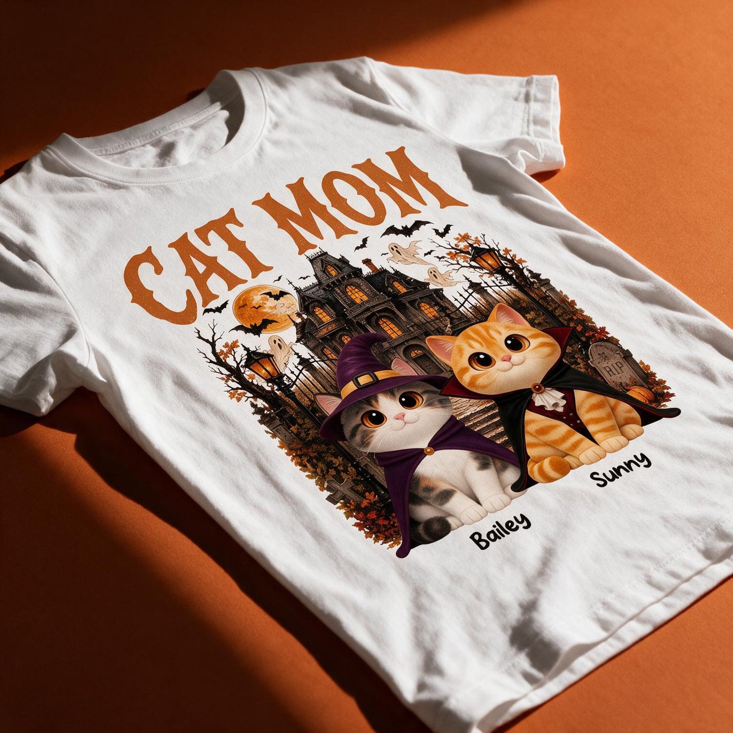 Personalized Cat Mom Halloween Shirt - Retro Haunted House Costume Cats Custom Name Gift For Cat Lovers