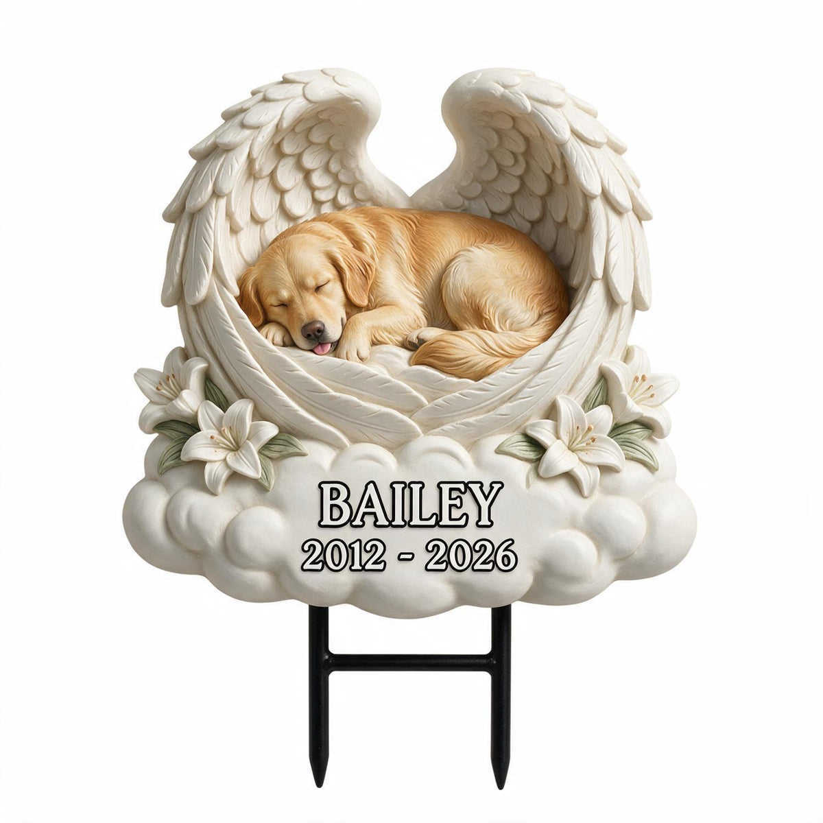 Personalized Sleeping Golden Retriever Angel Wings Memorial Yard Sign, Pet Sympathy Garden Gift