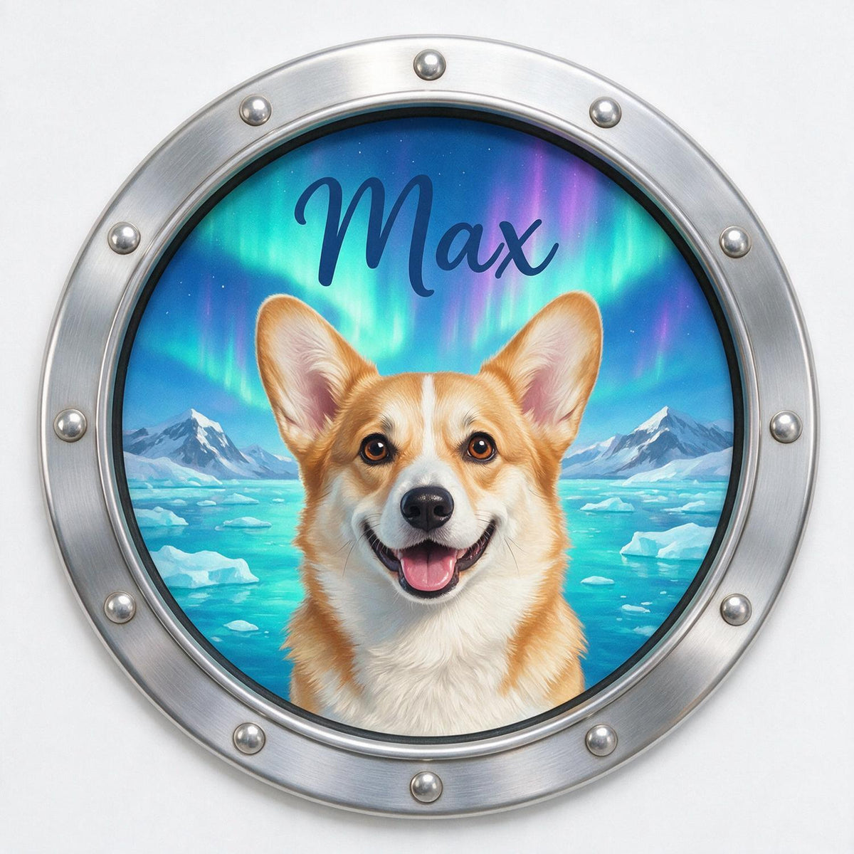 Personalisierter lächelnder Corgi, der durch das Bullauge schaut - Reisemagnet für Tierliebhaber