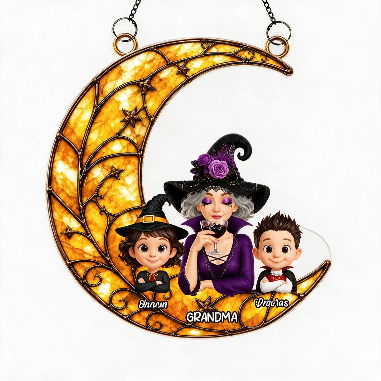Personalized Halloween Witch Grandma & Grandkids Crescent Moon Acrylic Window Hanging - Custom Halloween Gift for Grandma