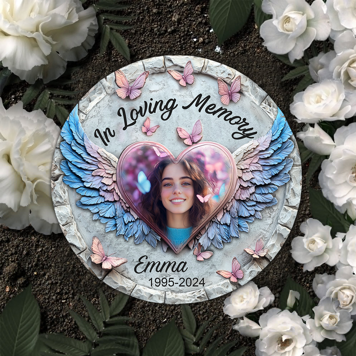 Forever In My Heart Angel Wings - Personalized Memorial Round Shaped Stone