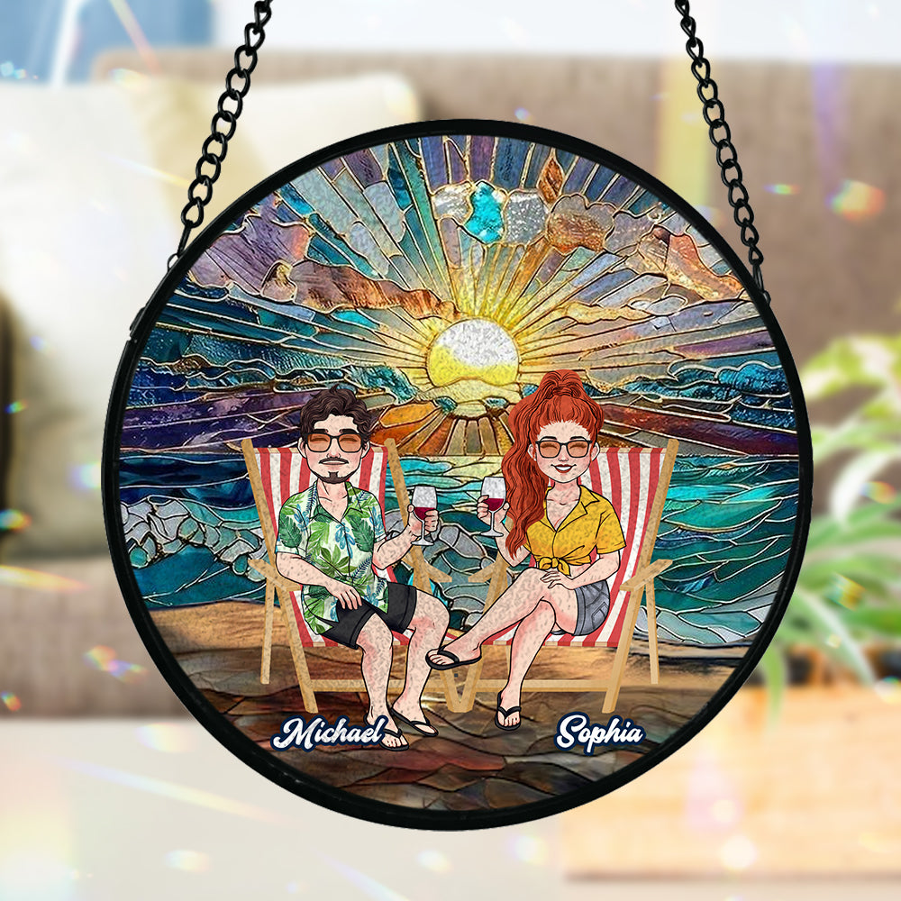 Happy Couple Enjoying Romantic Beach - Personalized Couple Stained Glass Suncatcher