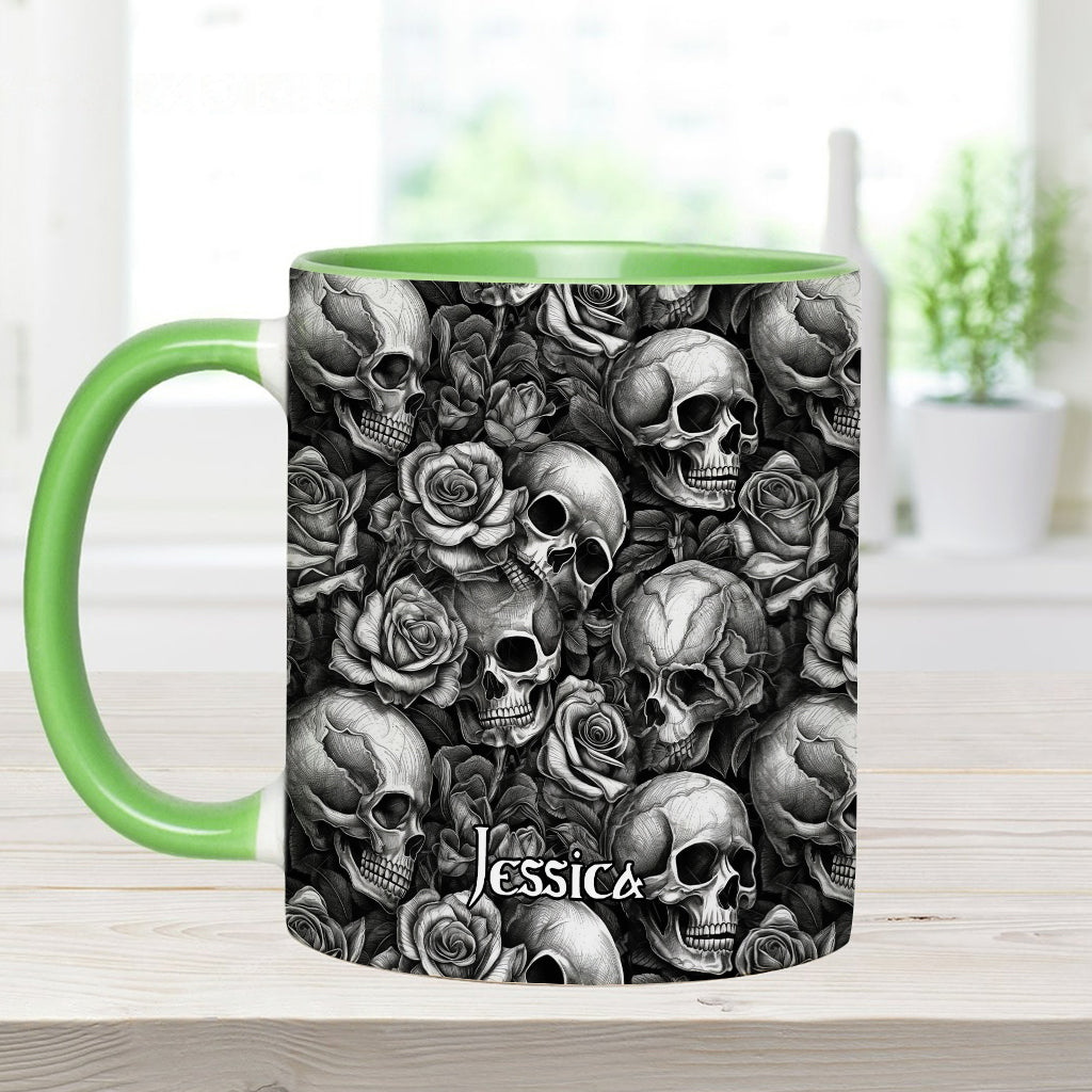 Skull Roses Black And White - Personalized Skull Accent Mug