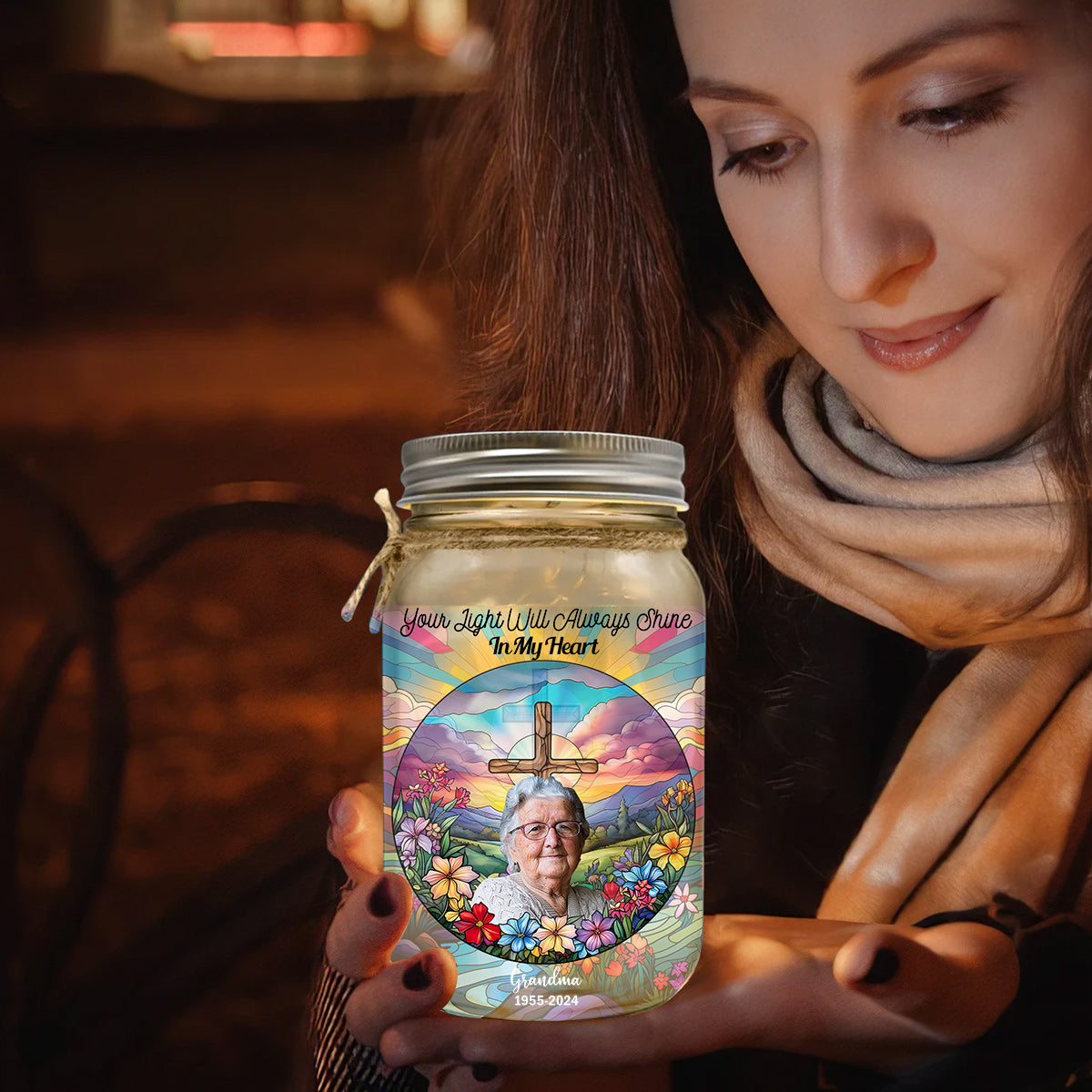 Your Light Will Always Shine In My Heart - Personalized Memorial Mason Jar Light