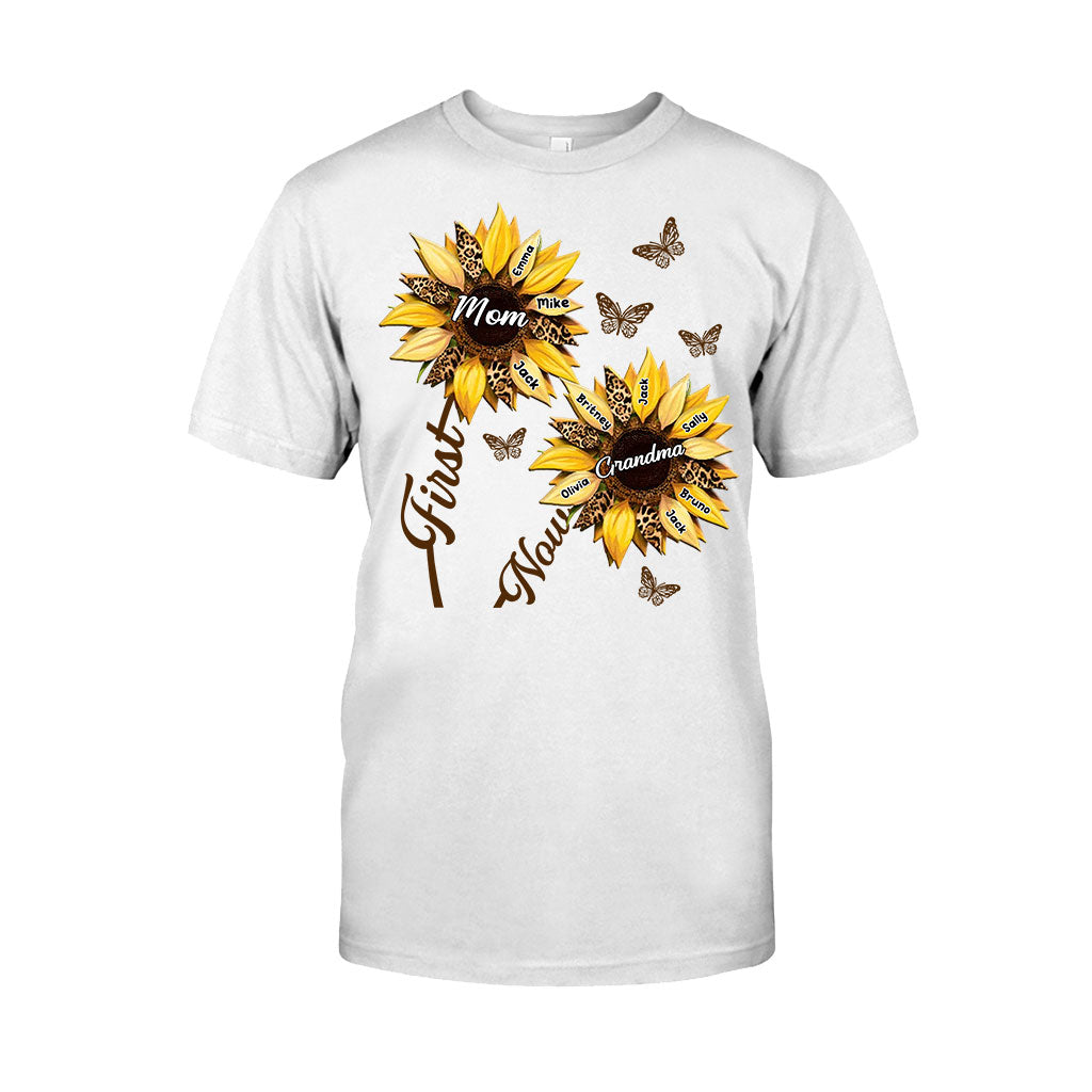 First Mom Now Grandma Sunflower - Personalized Grandma T-shirt And Hoodie