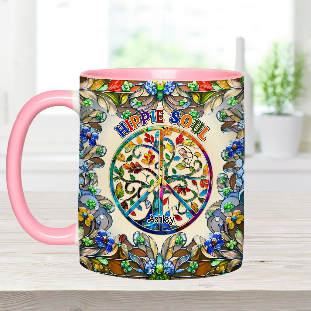 Es ist eine wunderschöne Welt, der Baum des Lebens, Friedenssymbol - personalisierte Tasse mit Hippie-Akzent