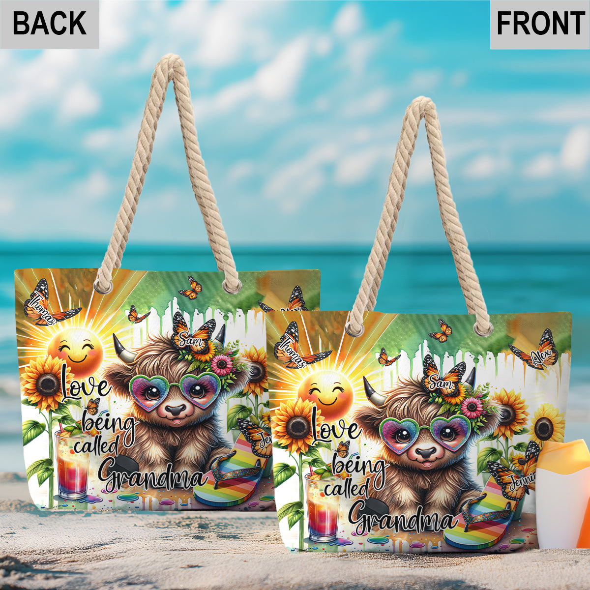 Love Being Called Grandma Highland Cow Summer Vibes - Personalized Beach Bag