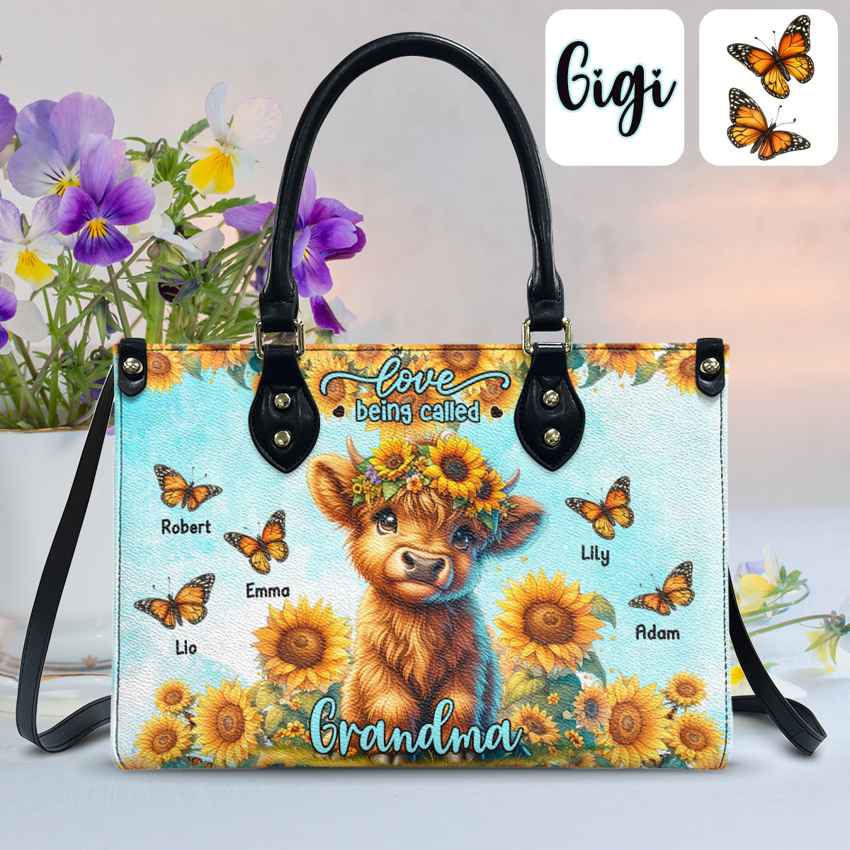 Love Being Called Grandma Highland Cow Sunflower - Personalized Leather Handbag
