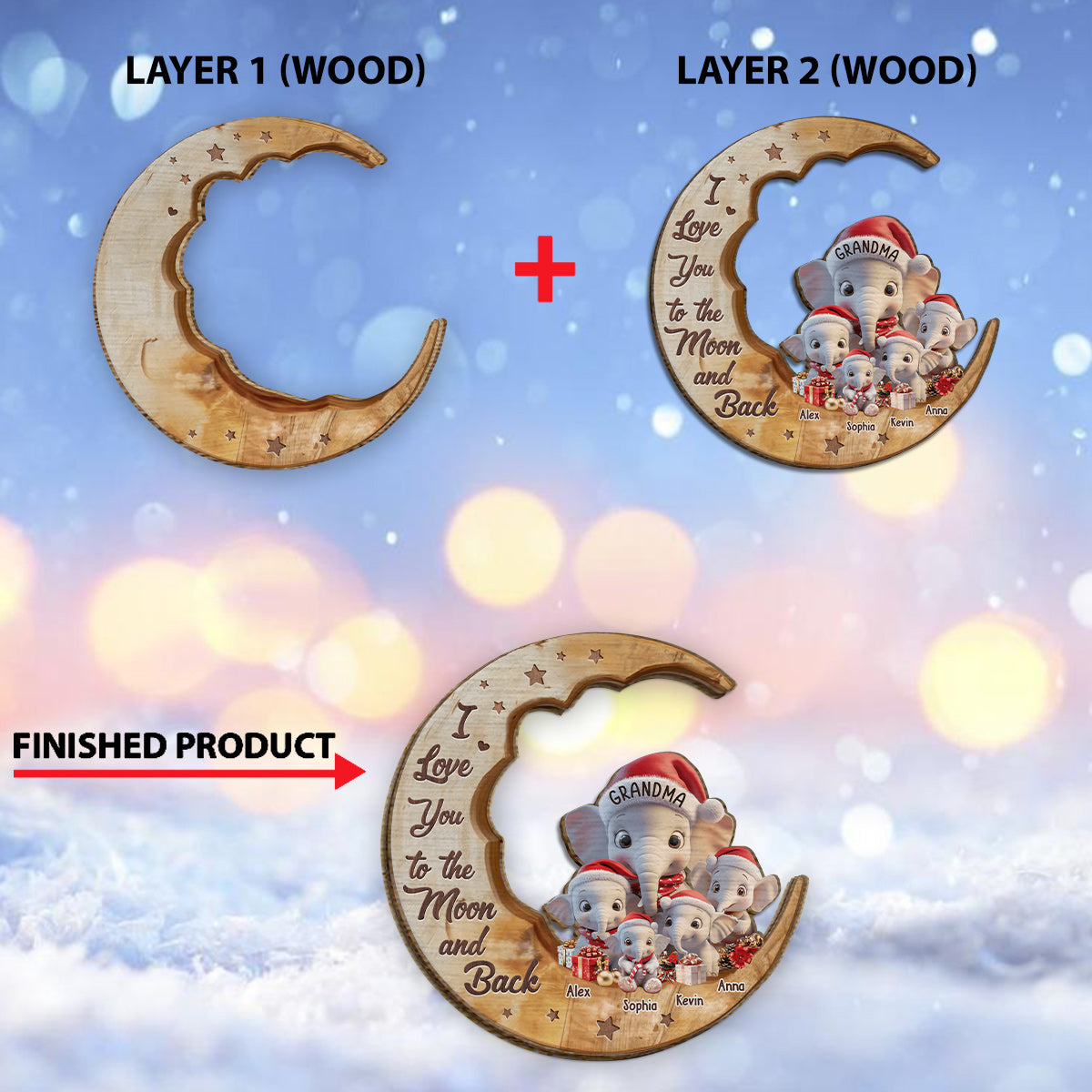 Je t'aime jusqu'à la lune et retour - Panneau en bois personnalisé double couche pour grand-mère