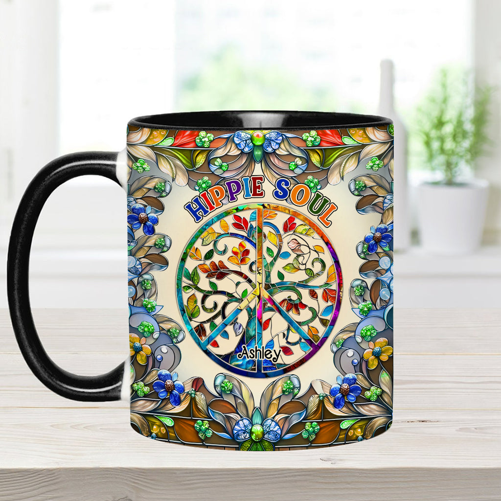 Es ist eine wunderschöne Welt, der Baum des Lebens, Friedenssymbol - personalisierte Tasse mit Hippie-Akzent