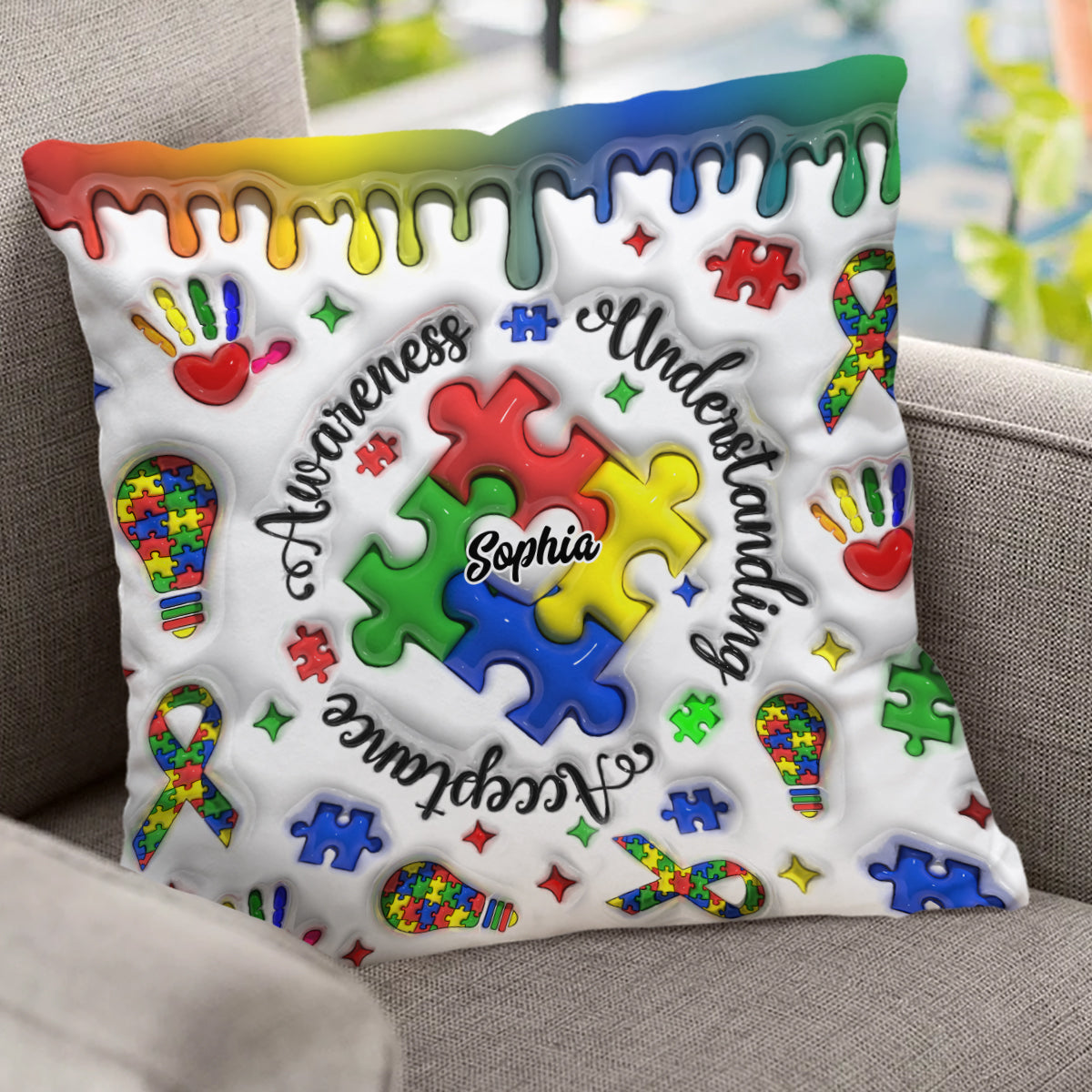 Sensibilisation à l'autisme - Coussin décoratif personnalisé pour la sensibilisation à l'autisme