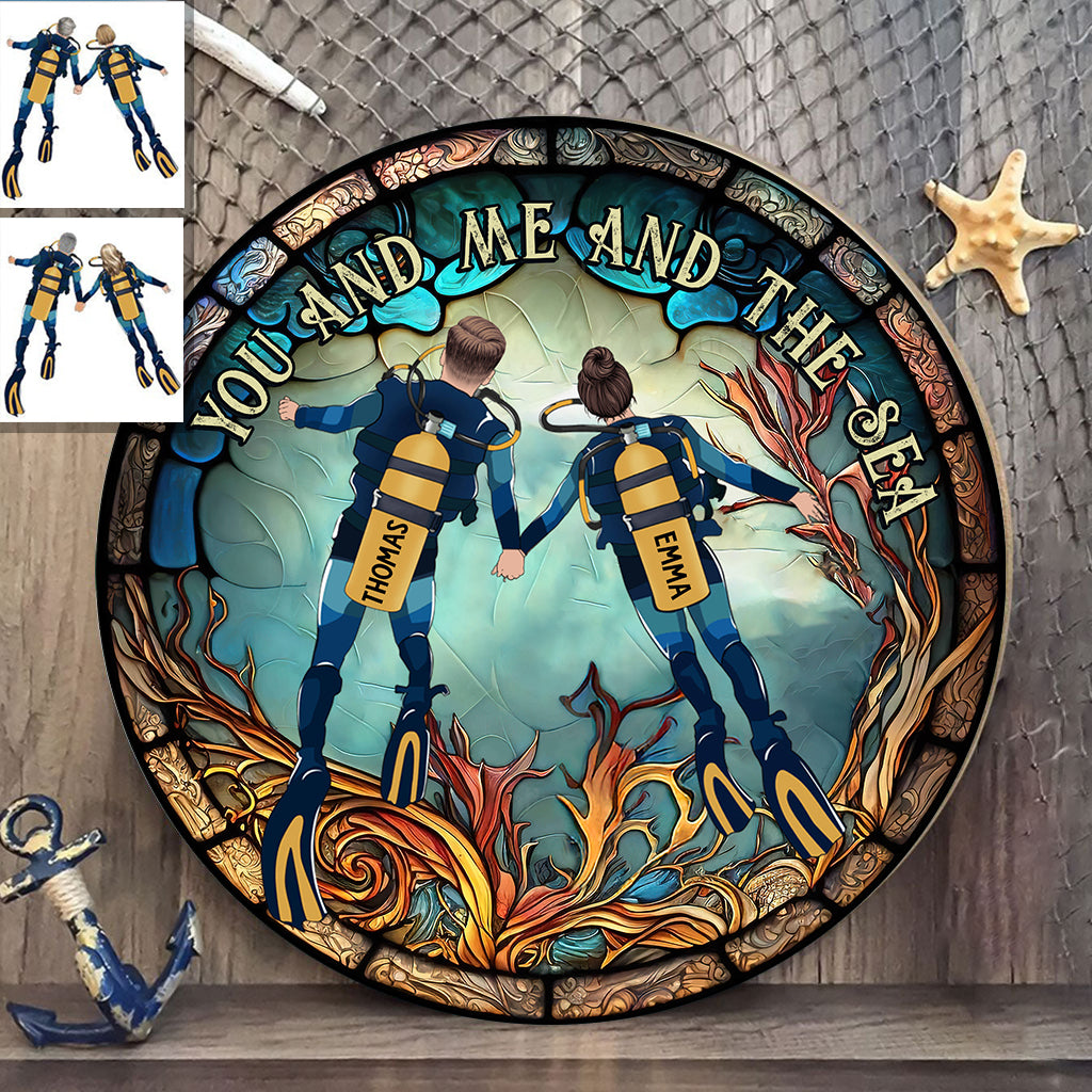 Toi, moi et la mer - Panneau rond en bois personnalisé pour la plongée sous-marine