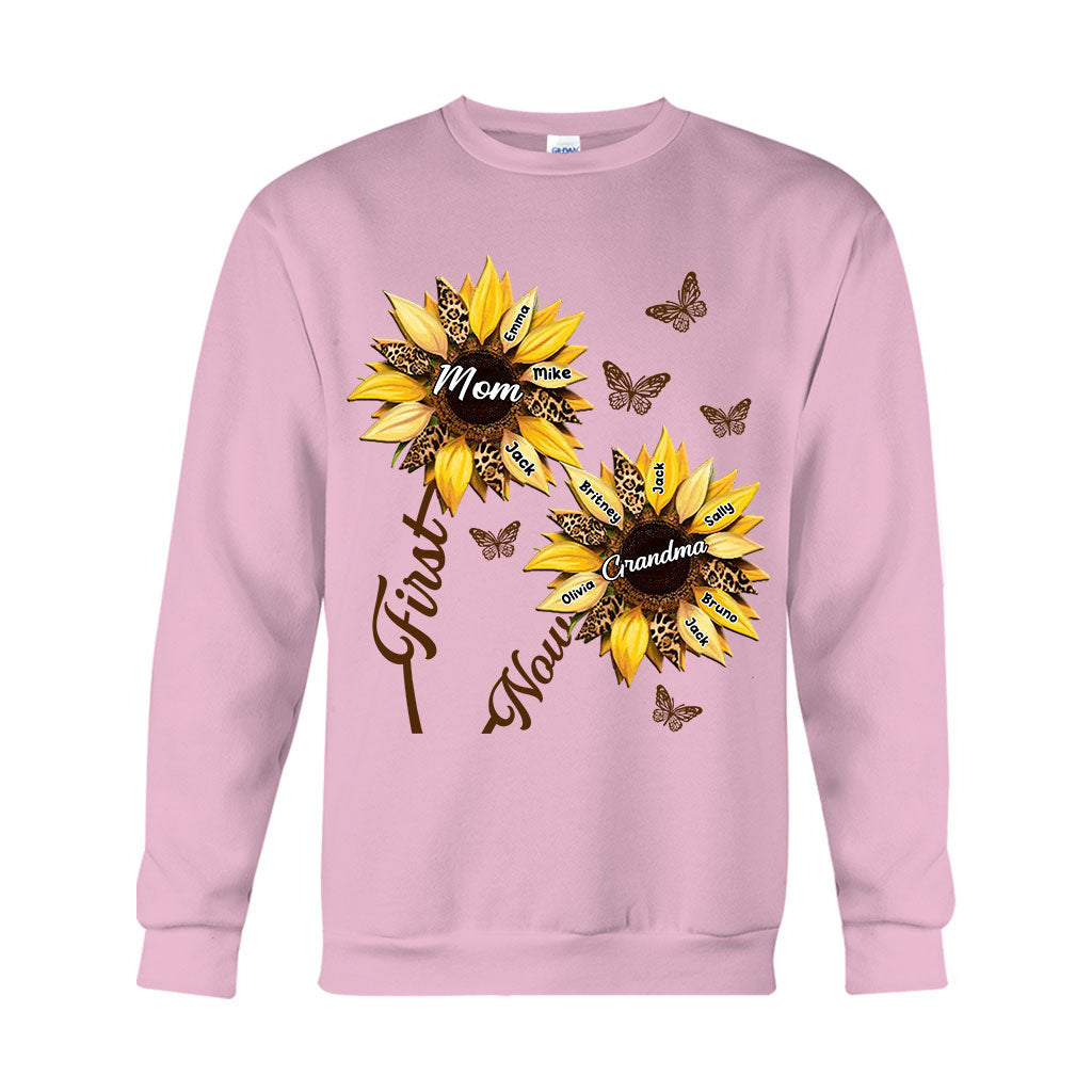 First Mom Now Grandma Sunflower - Personalized Grandma T-shirt And Hoodie