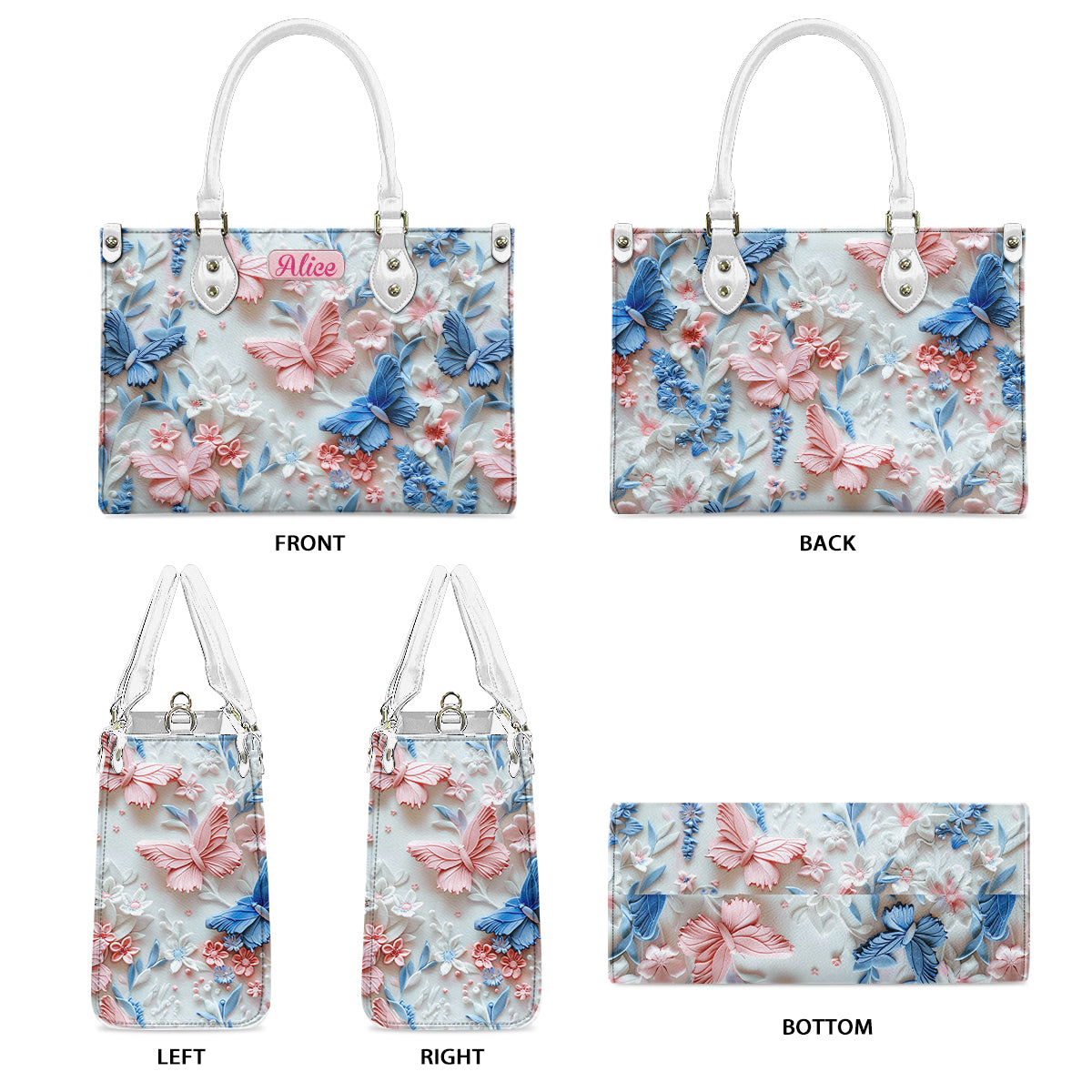 Sac à main en cuir personnalisé avec papillons roses et bleus