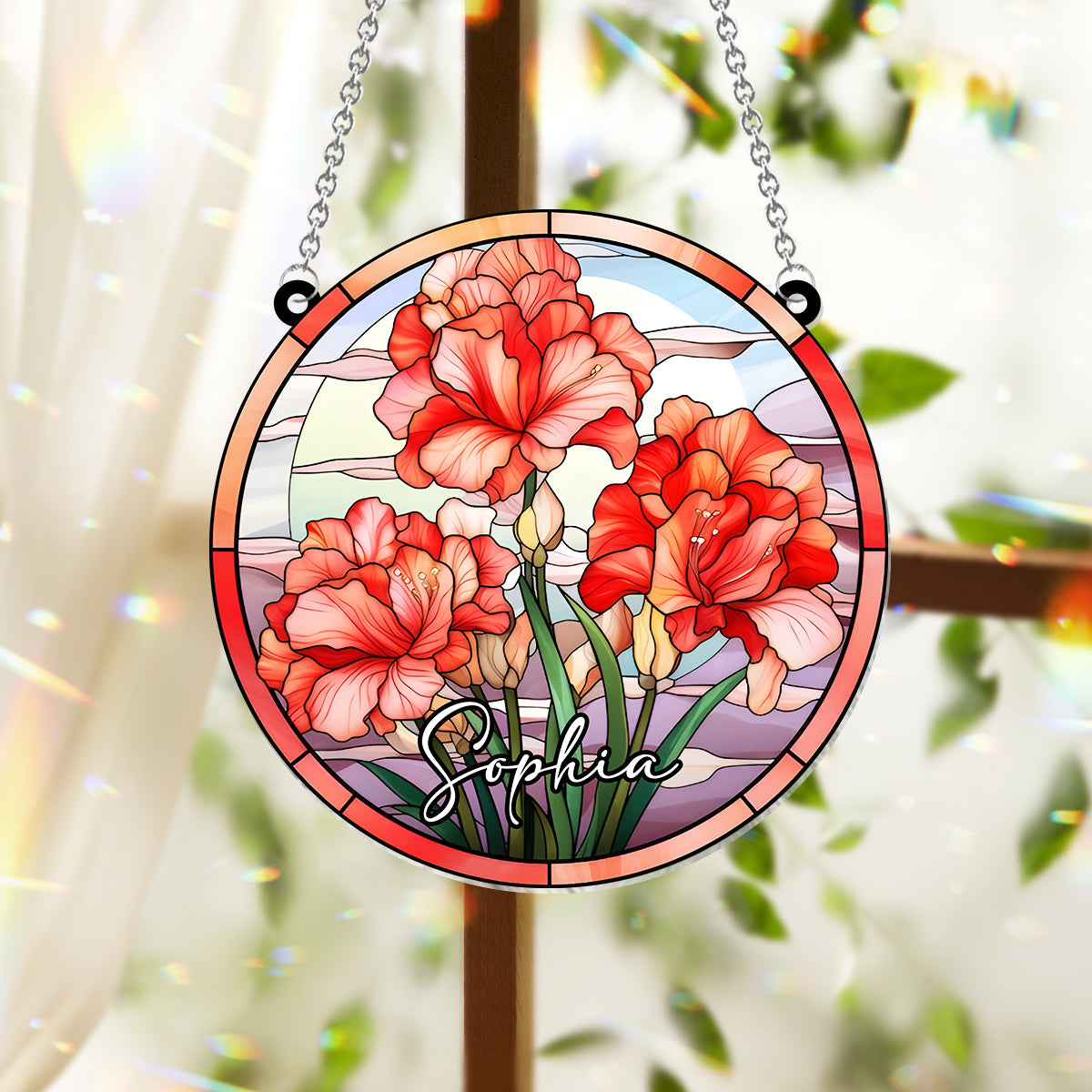 Fleurs de naissance en vitrail - Ornement attrape-soleil personnalisé à suspendre à la fenêtre, motif anniversaire. 